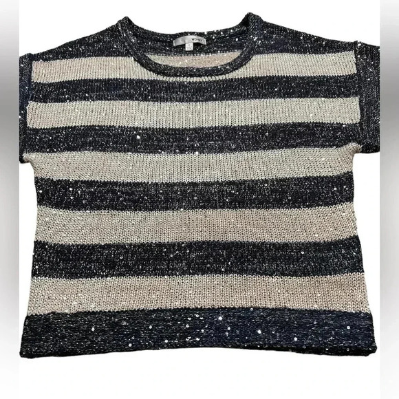Sequinned striped knit short sleeve sweater, Medium, cream & blue Coastal Preppy - Picture 6 of 8
